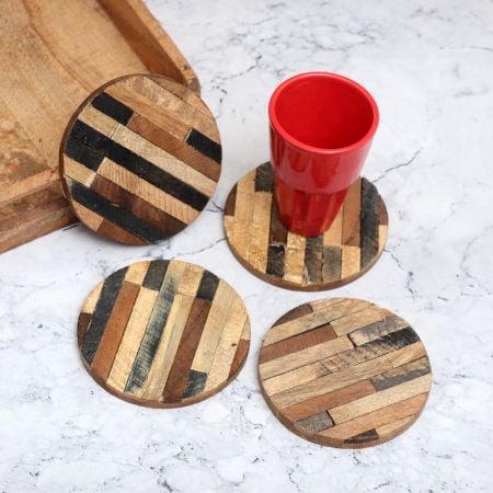 Circle Shaped Handmade Brown Wooden Coasters - Pack of 4